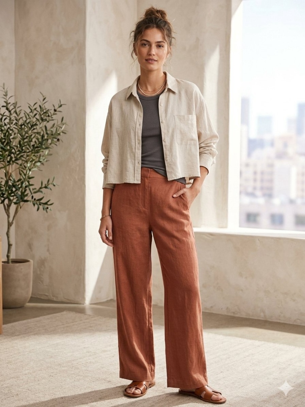 Shirt DKNY Jeans Cropped Linen Blend Blouse - Oatmeal - Size Large (L)